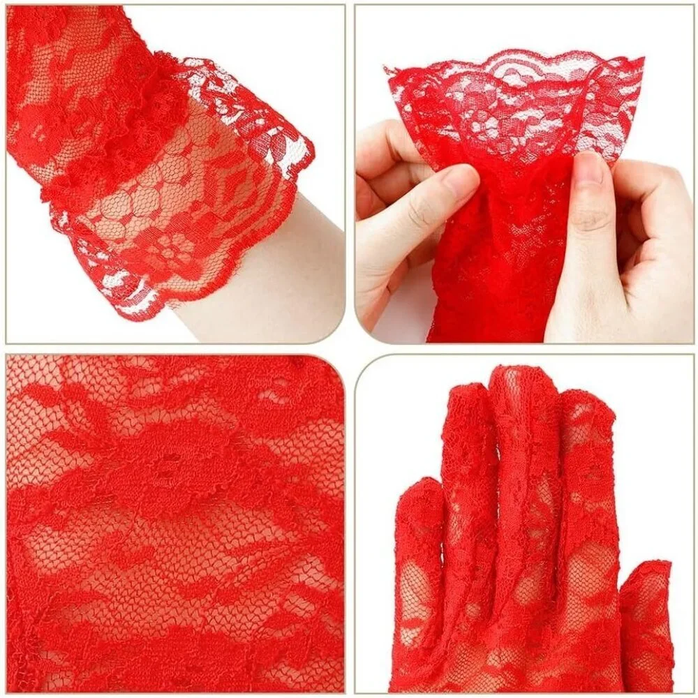 Women's Evening Dark Red Flower Pattern Lace Gloves Design Wedding Party Prom